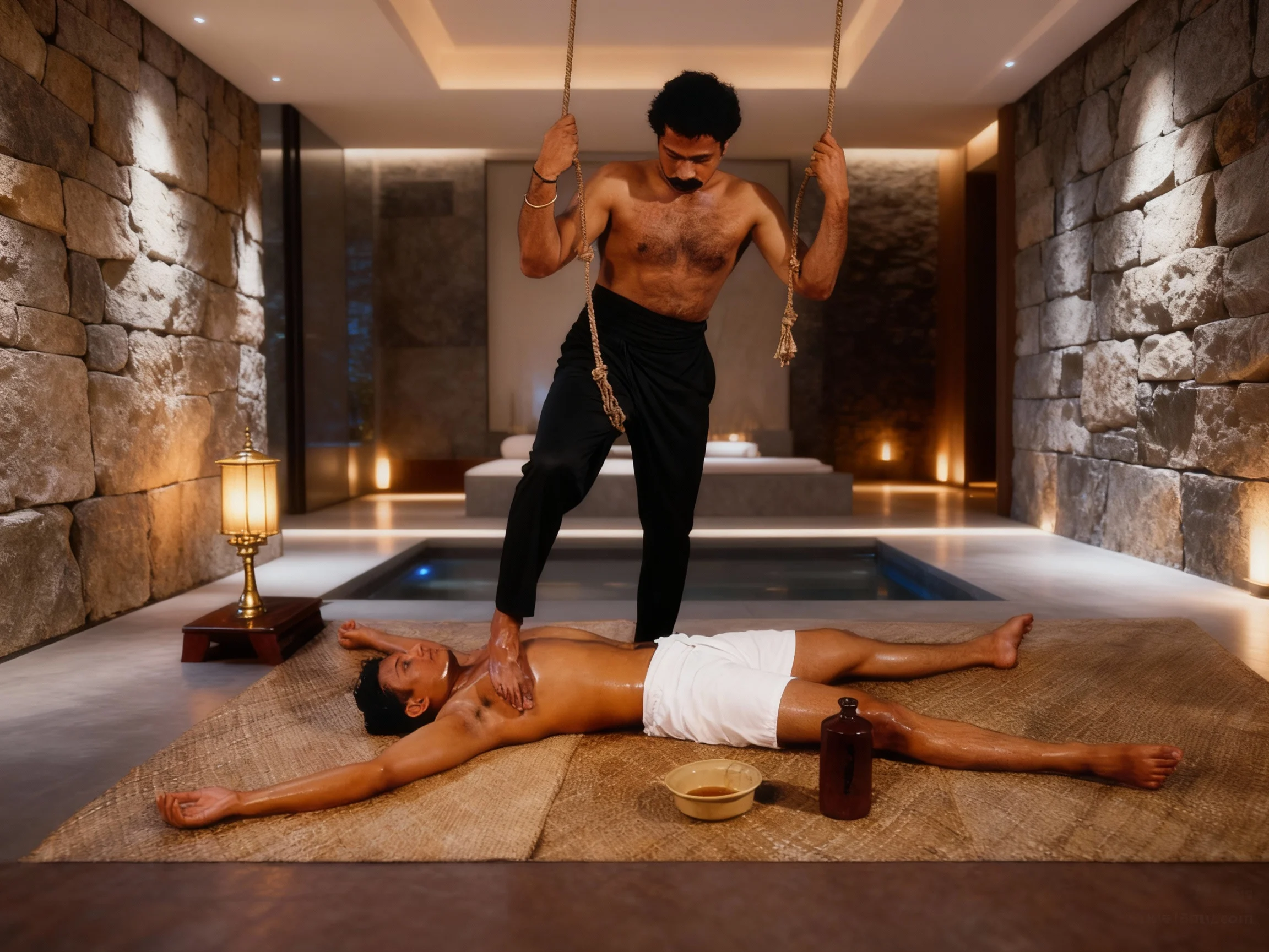 A Kerala Kalari foot massage using bodyweight pressure and herbal oils that releases deep muscle tension, improves flexibility, enhances circulation, and helps in fatigue, stiffness, stress, and musculoskeletal imbalances.