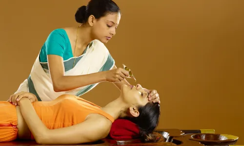 An eye rejuvenation therapy using warm medicated ghee to soothe dryness, relieve eye strain, improve vision, and promote relaxation, helping with conditions like eye fatigue, dryness, poor eyesight, and headaches.