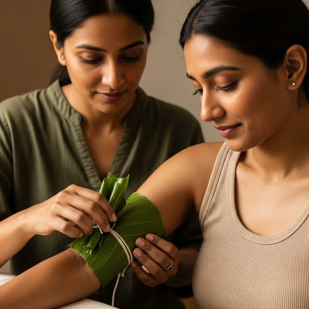 Warm herbal poultice bandage therapy for chronic joint pain relief, inflammation control, muscle stiffness reduction, and overall healing, ideal for managing conditions like arthritis and muscular tension.